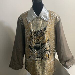 100% silk, Diane Gilman blazer with silver metallic collar